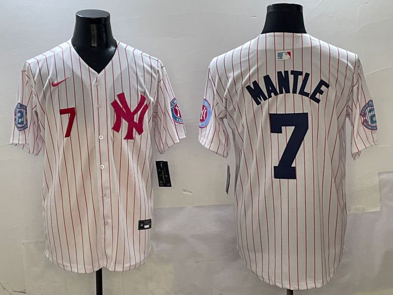 Men New York Yankees 7 Mantle White Stripe Jointly Name Nike 2025 MLB Jersey style 2